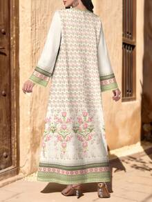 Al Najma Tulip & Striped Pattern Print V-Neck Long Sleeve Maxi Dress, Elegant Arabian Style Outfit, Spring/Summer - Multicolor - View 2