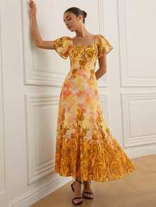 Aveloria Rosie 花卉印花竹节结领短袖收腰喇叭下摆优雅度假百搭女装 - 橘色 - 查看 7