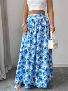 Elenzga Romantic Floral Print High Waist Pleated A-Line Maxi Skirt, Elegant Casual Vacation Dress, Fashion Blue Printed Long Skirt - Blue - View 6