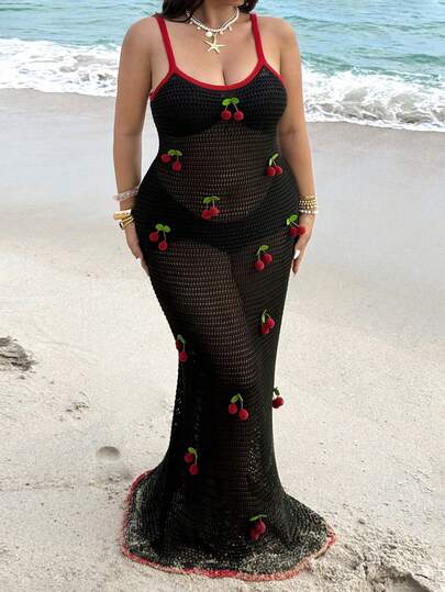 Solflare Plus Size Vacation Beach Hollow Out 3D Cherry Decor Maxi Knit Dress