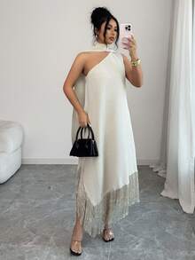 SHEIN Elenzya Elegant Linen-Like Loose Asymmetric Shoulder Tassel Trim Dress, Suitable For Holidays, Vacation, Commute, Versatile For Daily Wear, Summer - Coffee - View 7