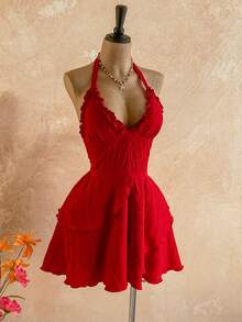 Soleia New Casual Vacation Western Beach Wedding Guest Attire, Graduation Brunch, St. Patrick's Day Spring Break, Easter, Music Festival, Elegant Boho Tropical Graceful Red Textured Bow Tie Backless Ruffle Mini Dress, Suitable For Valentine's Day, Halloween, Christmas - Red - View 7