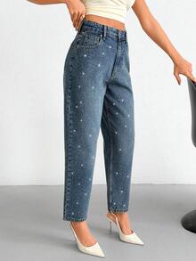 EURMUSE 100% Cotton Women's Denim Jeans With Rhinestone Detail - Medium Wash - View 6