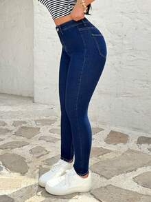 SHEIN 女士时尚休闲百搭修身修腿牛仔裤 - 深色水洗藍 - 查看 6