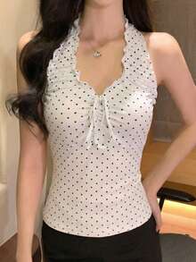 Áo tank top nữ mùa hè in họa tiết chấm bi toàn thân, cổ chữ V nhún bèo, không tay, kiểu dáng thường ngày. - trắng - Xem 3