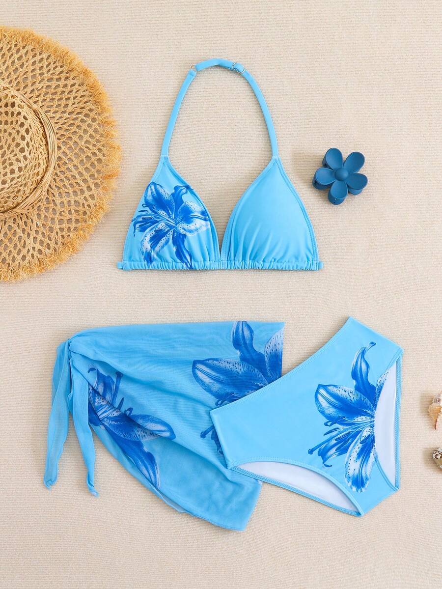 SHEIN 少女三件套比基尼,黑色碎花挂脖三角上衣、三角泳裤、纱笼,时尚休闲优雅泳装,适合游泳、度假、夏季穿着,可调节细肩带比基尼 - 藍色 - 查看 1