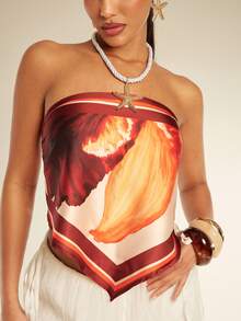 Silquee Áo tank top quây khăn in họa tiết dành cho nữ, thích hợp cho mùa xuân/hè. - Đỏ - Xem 4