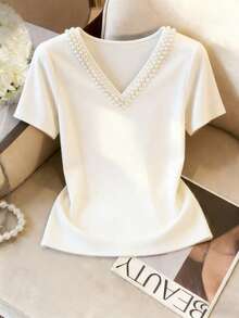 Franclia Diseño estilo francés, camiseta de mujer con cuello en V muy adornada con rhinestones y mangas cortas, nuevo estilo de verano 2026, camiseta blanca, top estilizador, verano, día de San Valentín para mujeres, top de fiesta, top elegante de mujer, casual de mujer, top blanco. - Albaricoque - Ver 1