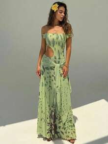 Aloruh 女士春夏新款露肩镂空系带不对称下摆印花连衣裙，度假沙滩性感连衣裙 - 彩色 - 查看 2