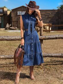 Breezaya 女士度假荷叶边牛仔连衣裙 - 深色水洗藍 - 查看 6