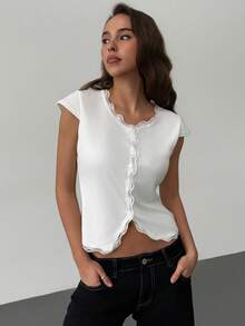 RiviMae Women's Lace Patchwork Fitted Casual Daily T-Shirt - White - View 5