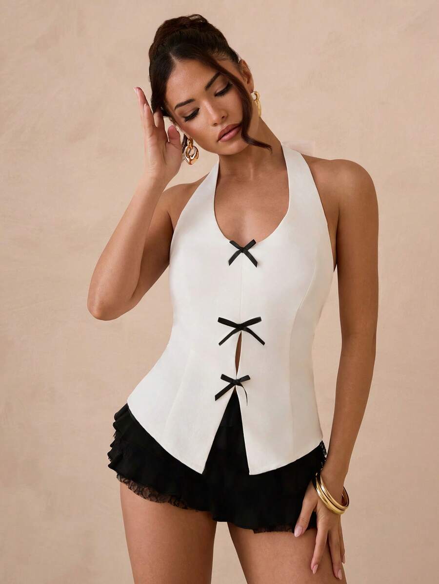 Glamine 白色性感系带蝴蝶结设计女式上衣 - 白色 - 查看 1