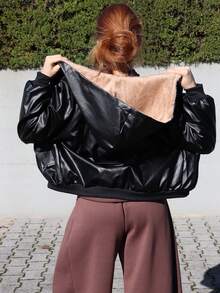 SILVIA DI SANTO Women's Autumn And Winter Black Leather Jacket With Hood, Velvet Lining For Warmth - Black - View 2