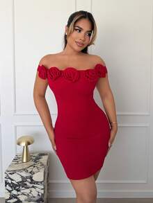 Maria Perezxox 女士露肩纯红色连衣裙，饰有3D花朵 - 紅色 - 查看 3