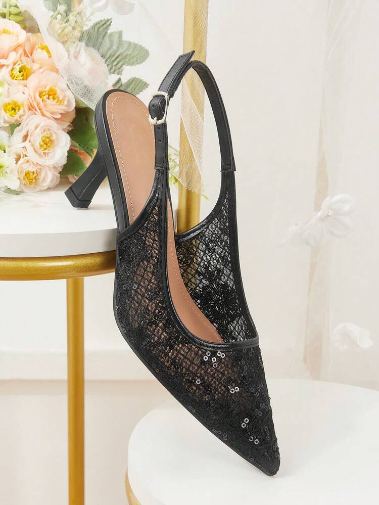 CUCCOO HITCHD Women Shoes Summer New Embroidered Lace Pointed Kitten Heel Elegant Romantic Apricot Lace Mesh Women's High Heel Shoes Slingback Dress Shoes Bridal Shoes Dating Elegant Wear Wedding Season Dinner Wedding Shoes Summer Shoes Bride Shoes