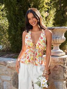 KARISMINA Women's Fashionable Casual Elegant Romantic Vacation Halter Neck Printed Blouse, Yellow Women's Top - Yellow - View 3