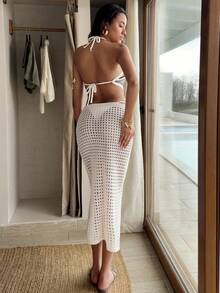 SHEIN Contrast Crochet Knit Halter Top & Solid Bodycon Midi Skirt Set - Apricot - View 2