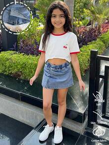 女童荷叶边侧开衩牛仔短裙，夏季轻盈新品，中度水洗牛仔蓝，休闲街头时尚设计，简约百搭的松紧腰侧开衩裙裤组合，柔软舒适的棉质牛仔面料，适合日常、派对、上学、通勤等各种场合，2026春夏新款 - 中等水洗藍 - 查看 8