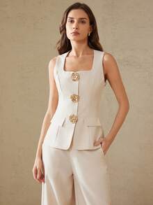 Aveloria Rosie 新款优雅杏色方领金属纽扣无袖马甲阔腿裤套装，成熟职场装，女士套装 - 杏色 - 查看 4