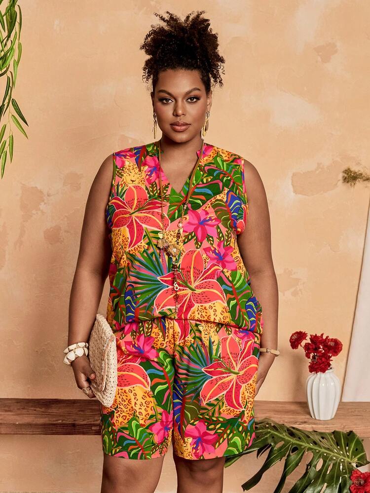 Plus Size Women's V-Neck Floral Print Top And Shorts Casual 2 Piece Set