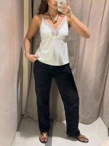Maija Top de camisola con parches de encaje, adecuado para vacaciones a principios de primavera, vida al aire libre de primavera/verano, top de verano, vacaciones de verano, primavera, top de fiesta, playa para mujeres, top para salir, elegante, top brillante, top blanco, top de encaje para mujer - Blanco - Ver 8