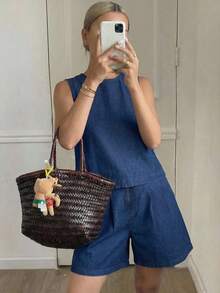 SHEIN 2 peças/Conjunto Regata e Shorts Soltos em Denim Azul Marinho para Meninas Adolescentes - Lavagem escura - Visão 3