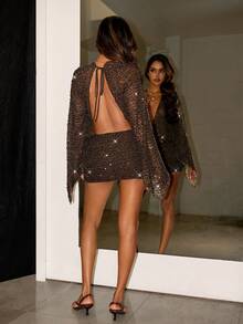 SHEIN ICON Sexy Vacation Faux Crochet Sequin Deep V-Neck Mini Dress - Brown - View 2