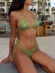 Costavie Set bikini sexy cu 2 piese, sutien triunghiular din material special, cu paiete colorate, și slip de baie cu legături laterale, set bikini sexy, primăvară/vară, model boho, set bikini verde modest, set bikini verde salvie cu legături, seturi două piese pentru femei, costum de baie camuflaj matcha, costum de baie pentru femei, două piese, bikini pentru femei, 2 piese, ținute de vară pentru femei, 2 piese - Verde măsline - Vizualizare 4