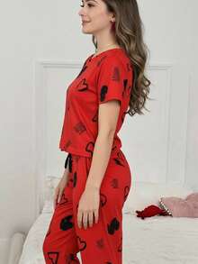 L PAJAMAS SET WITH SHORT SLEEVE TOP AND PANTS WITH HEART AND LETTERS PRINT - Red - View 2
