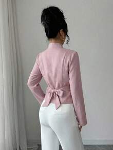 Elenzga 女士纯色系带交叉领长袖休闲通勤户外打底衫，秋冬春季 - 粉色 - 查看 2