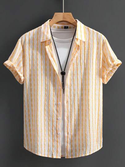 Manfinity RSRT Camisa de manga corta con rayas de jacquard casual y elegante para hombres