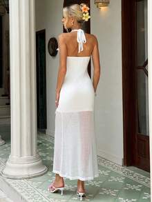 MainGRL New White Knit High Elasticity Halter Midi Dress For Women 2026 Spring/Summer,Summer Dresses For Women - White - View 2