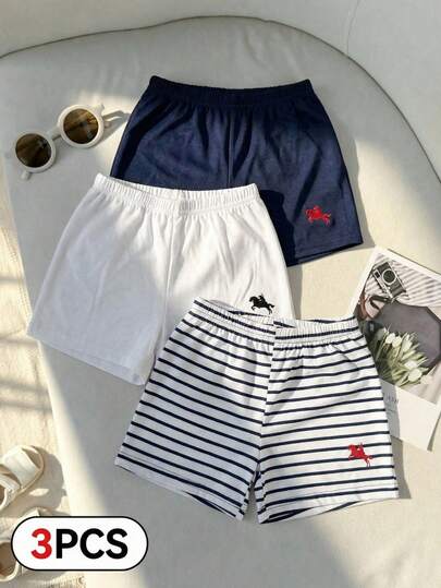 SHEIN 6M-3T Newborn Baby Boy Unisex Infant Toddler 3pcs Set - Knight Horse Icon Navy, White & Navy/White Striped Knit Soft Comfortable Elastic Waist T-Shirt And Shorts, Suitable For Spring/Summer, Casual, Sports, Fashion Minimalist