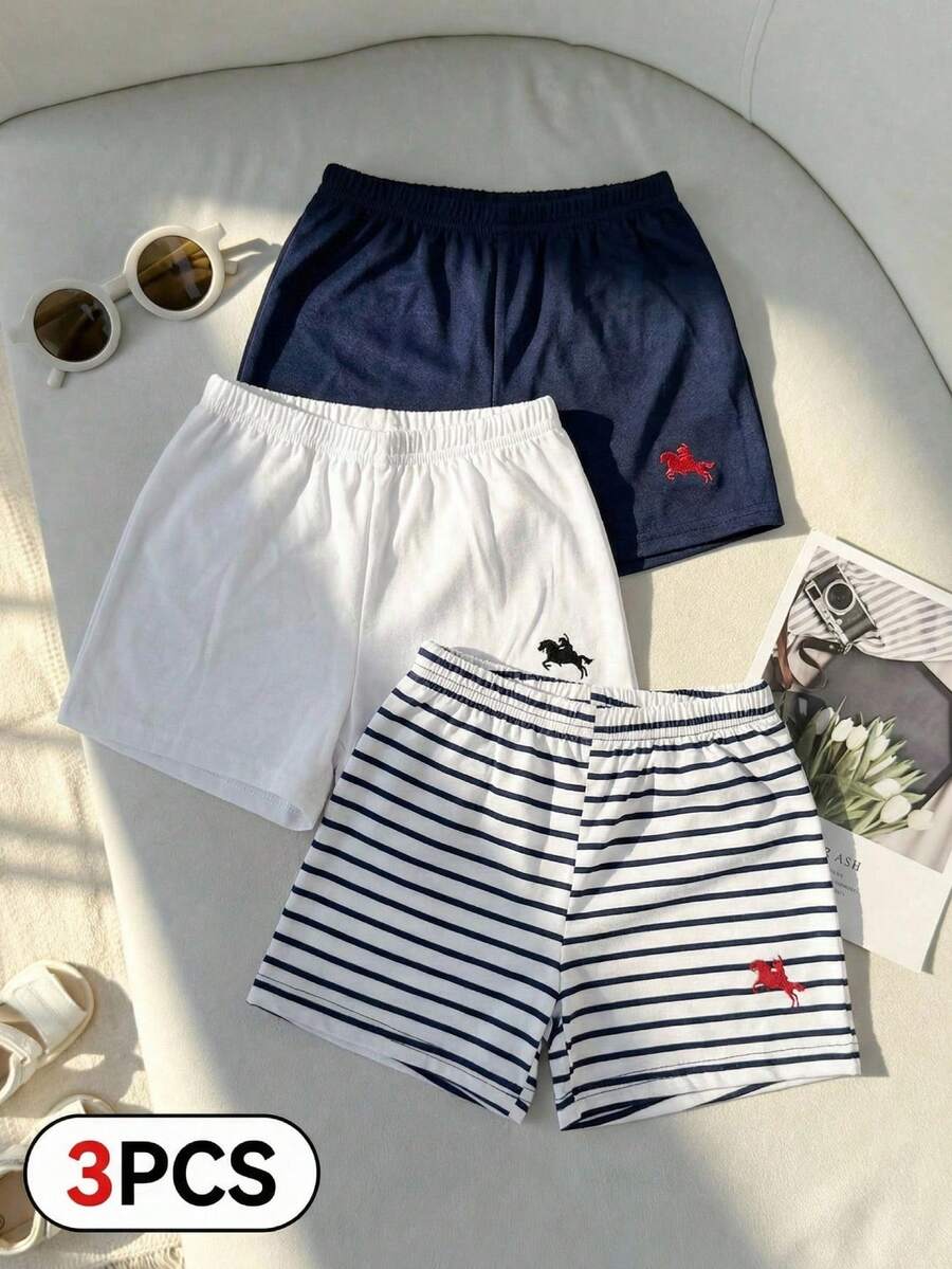 SHEIN 6个月-3岁新生儿男婴男女通用三件套 - 骑士骏马图案海军蓝、白色及海军蓝/白色条纹针织柔软舒适弹力腰带T恤和短裤,适合春夏、休闲、运动、时尚简约风格 - 彩色 - 查看 1