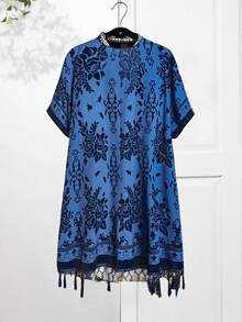 Rusticease 大码女式夏季花卉印花流苏拼布和服 - 藍色 - 查看 2