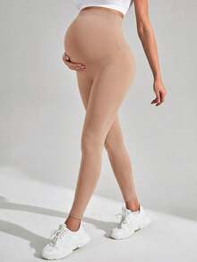 SHEIN Quần legging bầu không đường may, cạp cao nâng đỡ, hỗ trợ bụng rộng rãi - Màu be - Xem 4