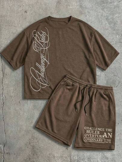 AXEPEAK Men's Simple Print Short Sleeve T-Shirt And Shorts Set