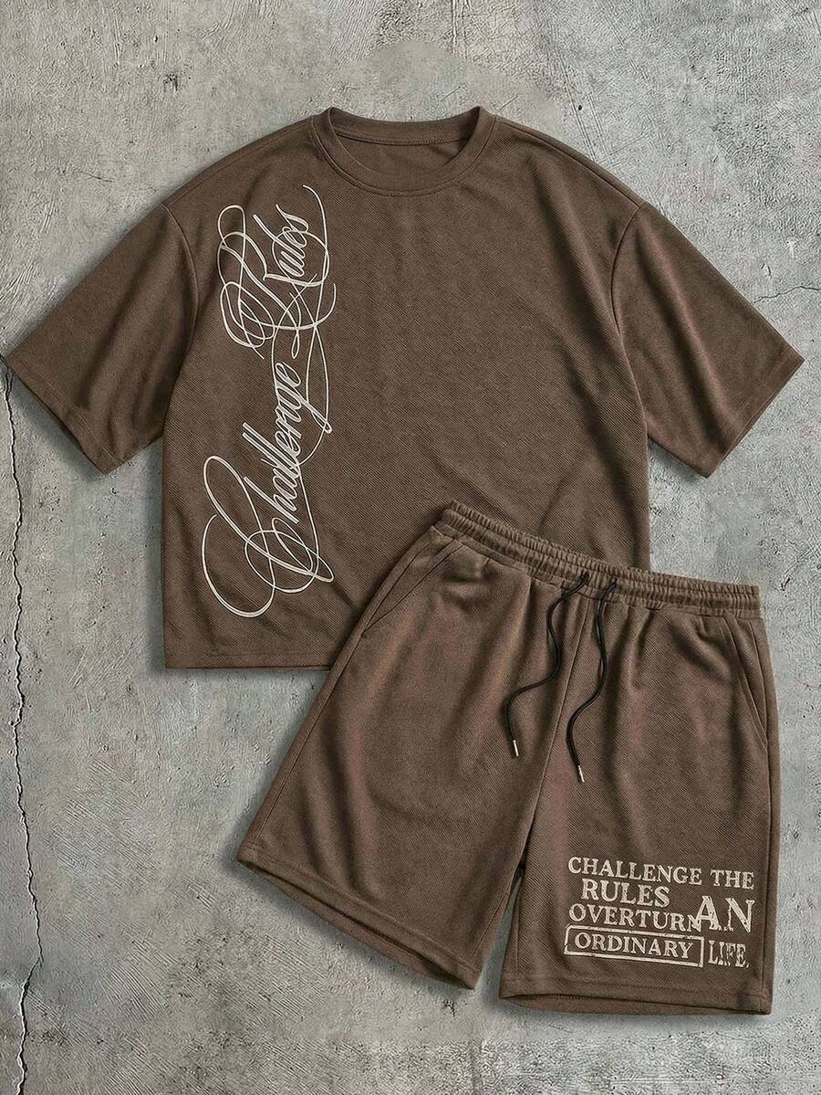AXEPEAK Men's Simple Print Short Sleeve T-Shirt And Shorts Set - Coffee Brown - View 1