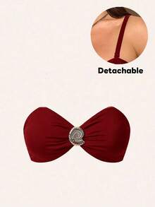 Swim Chiccia Plus Size 3 PiecesElegant Brown Metal Buckle Decorated One-Piece Swimsuit, Can Be Worn Separately With Outfits, Suitable For Party And Holiday - Red - View 7