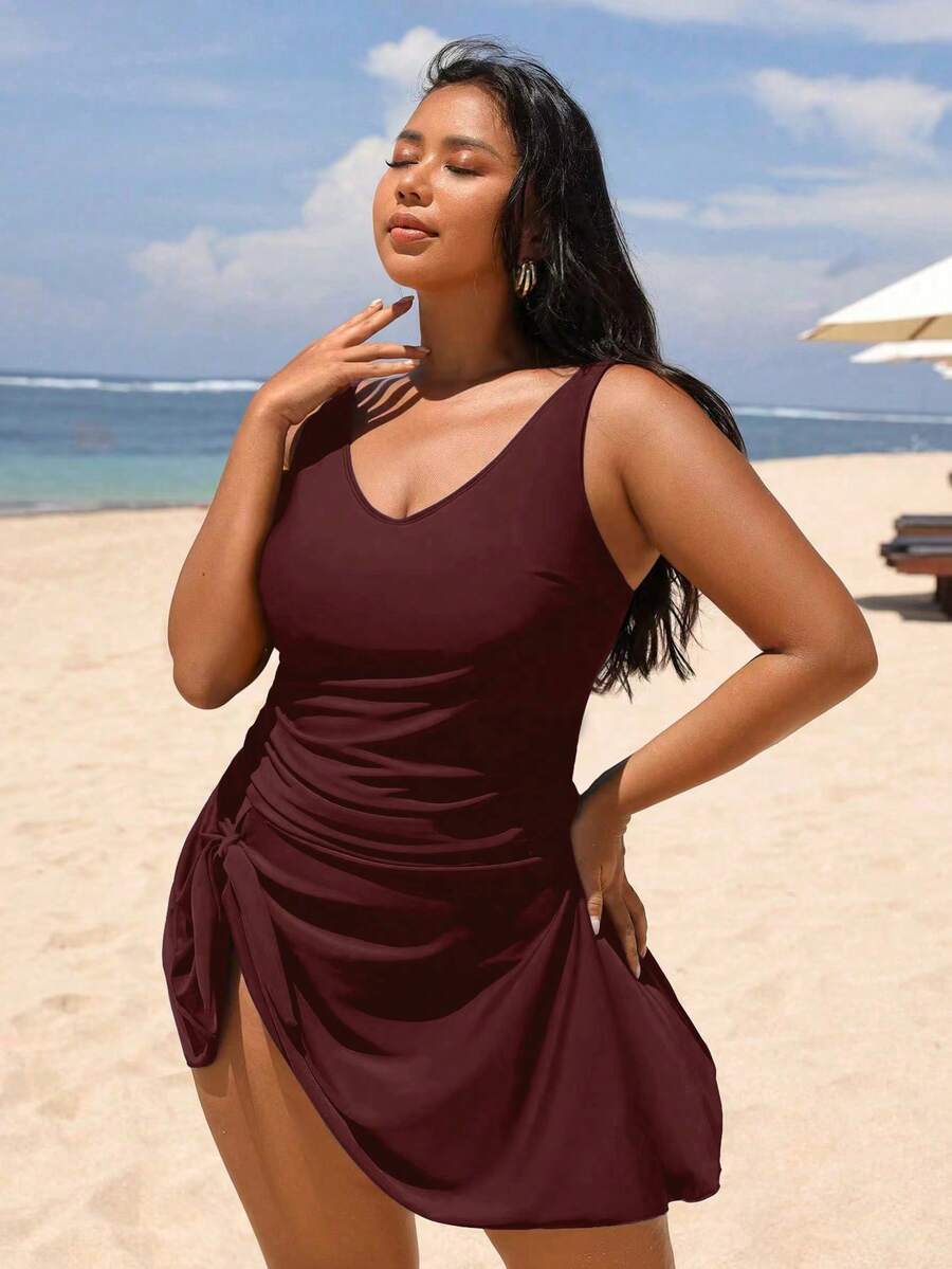 Swim Lushoire Plus Size Women's Twist Side One-Piece Swimsuit, Fashionable For Vacation - Burgundy - View 1