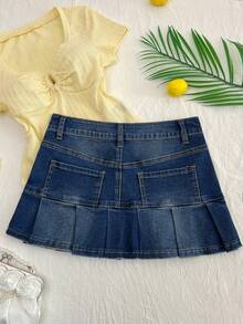 Elamini Y2K 时尚休闲百褶迷你牛仔裙 - 中等水洗藍 - 查看 2