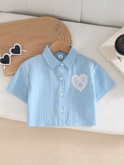 SHEIN New Spring/Summer Girls Toddler Cute Fresh Casual Striped Textured Fabric Collar Heart Lace Bow Pocket Shirt
