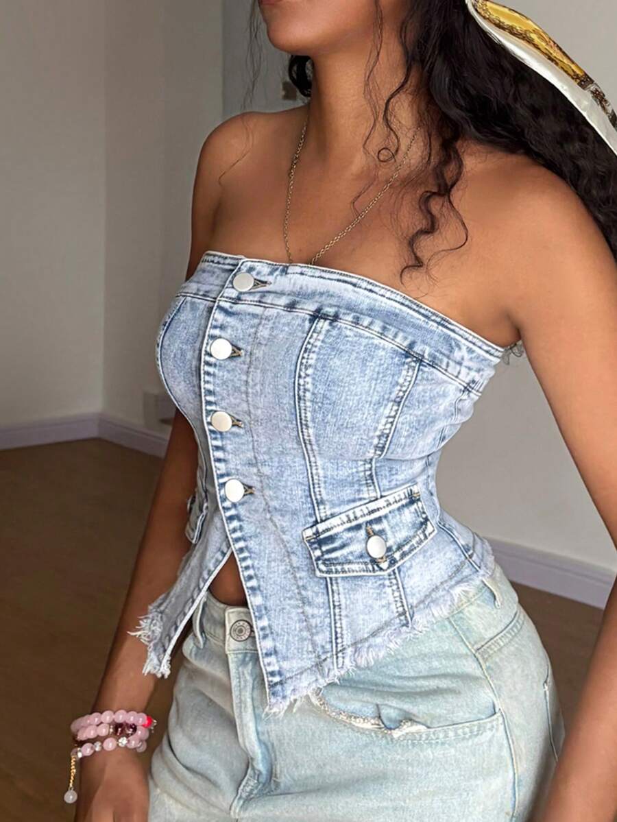 StreetHx Fashionable Casual Sexy Street Style Open Front Button-Up Denim Bustier Top - Light Wash - View 1