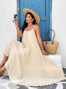 SHEIN VCAY Plus Size Casual Solid Color Pleated Backless Camisole Dress - Apricot - View 4