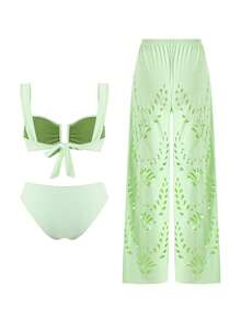 Swim Oasis Bộ bikini mùa hè dành cho nữ, màu trơn, cắt laser, gồm áo khoác ngoài và quần ống rộng, 3 món. - màu xanh lá - Xem 3