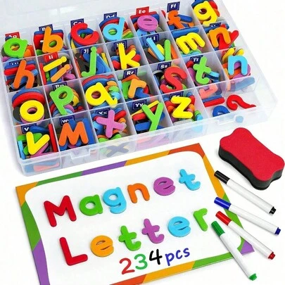 MINKOJA 114/234 piezas Temporada de vuelta al colegio Alfabeto magnético panel doble cara, letras de espuma mayúsculas y minúsculas ABC imán para nevera, juego educativo con pizarra magnética y caja de almacenamiento para que los niños aprendan a deletrear