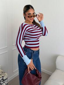 Maria Perezxox Women's Autumn/Winter New Arrival Turtleneck Long Sleeve Burgundy Striped Fitted Ribbed Sweater,Fall,Fall Clothes For Women - Burgundy - View 4