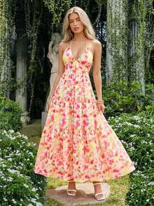 KARISMINA 女士优雅浪漫露背印花休闲连衣裙，春夏款 - 彩色 - 查看 14