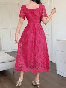 DAZY Women's Elegant Lace Square Collar Mid-Length Dress, Summer - Hot Pink - View 2