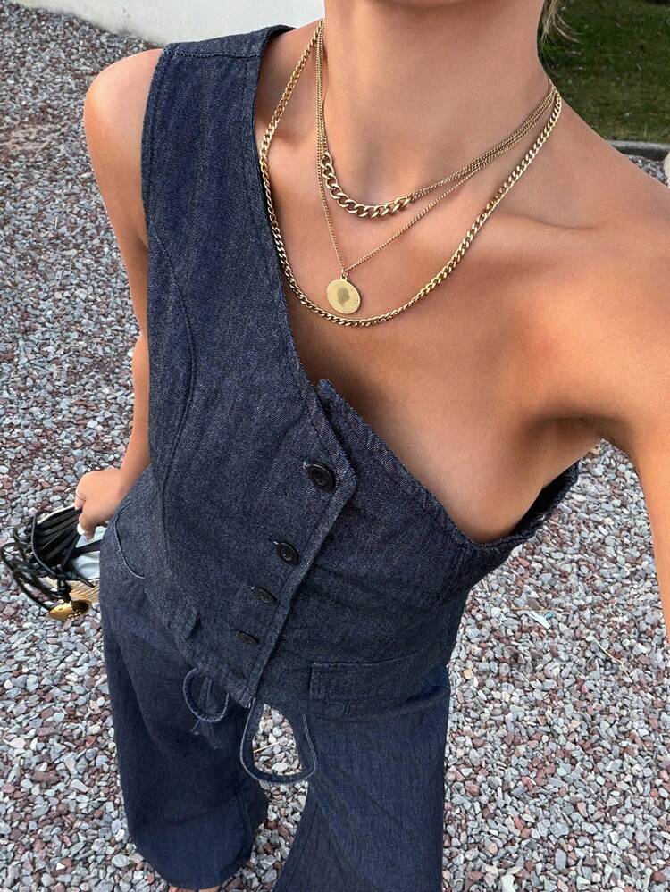 Women's Casual Asymmetric Neck Sleeveless Top And Straight Leg Jeans Set, Spring/Summer